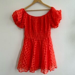 Orange-Red Puff Sleeve Mini Dress